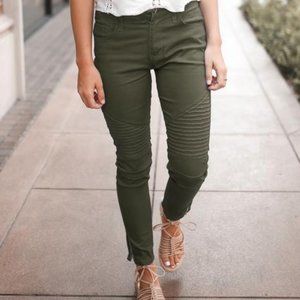 Army Green Moto Jeggings with Zip Details